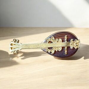 Vintage Avon Miniature Mandolin Lute Pin Gold Tone Amber colored Lucite